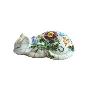 Decorative Hand-Painted Ceramic Cat Figurine With Floral Design